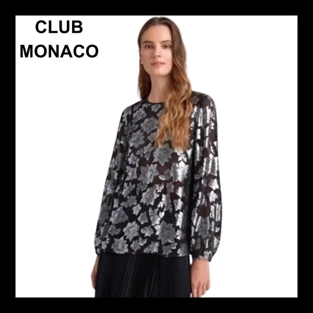 NWT CLUB MONACO Black silk silver floral embroidery sheer blouse